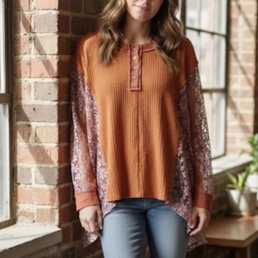 ‼️SOLD‼️ 266. NWOT! POL Waffle Knit Long Sleeve Top | Floral Lace Patchwork Side